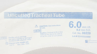 Mallinckrodt 86229 Uncuffed Tracheal Tube 6.0mm ID, 8.2mm OD
